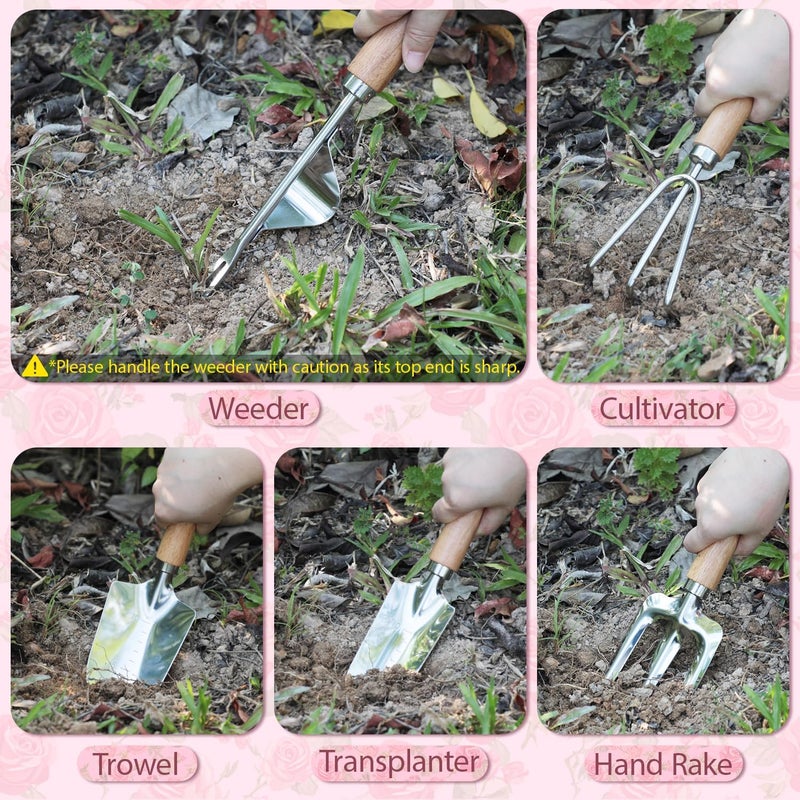 LeMotech Garden Tools Set, 10-Piece Heavy Duty Garden Hand Tools Kit with Wooden Handle, Durable Organizer Bag for Garden Supplies, Gardening Gifts for Women Grandmother, Pink Floral Pattern - Image 5